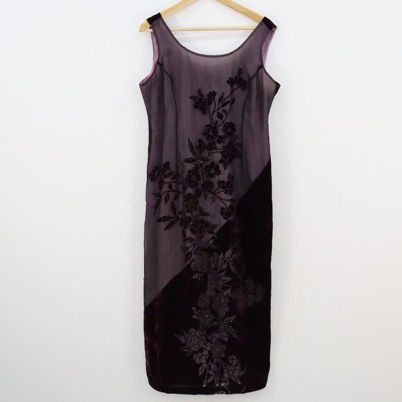 Robbie Bee Vintage Burgundy Floral Burnout Velvet Beaded Maxi Dress Size L - Picture 1 of 15